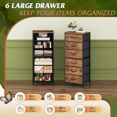 Tall Fabric Dresser With 6 Drawers And Wood Top Rustic Brown