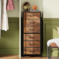 Tall Fabric Dresser With 6 Drawers And Wood Top Rustic Brown