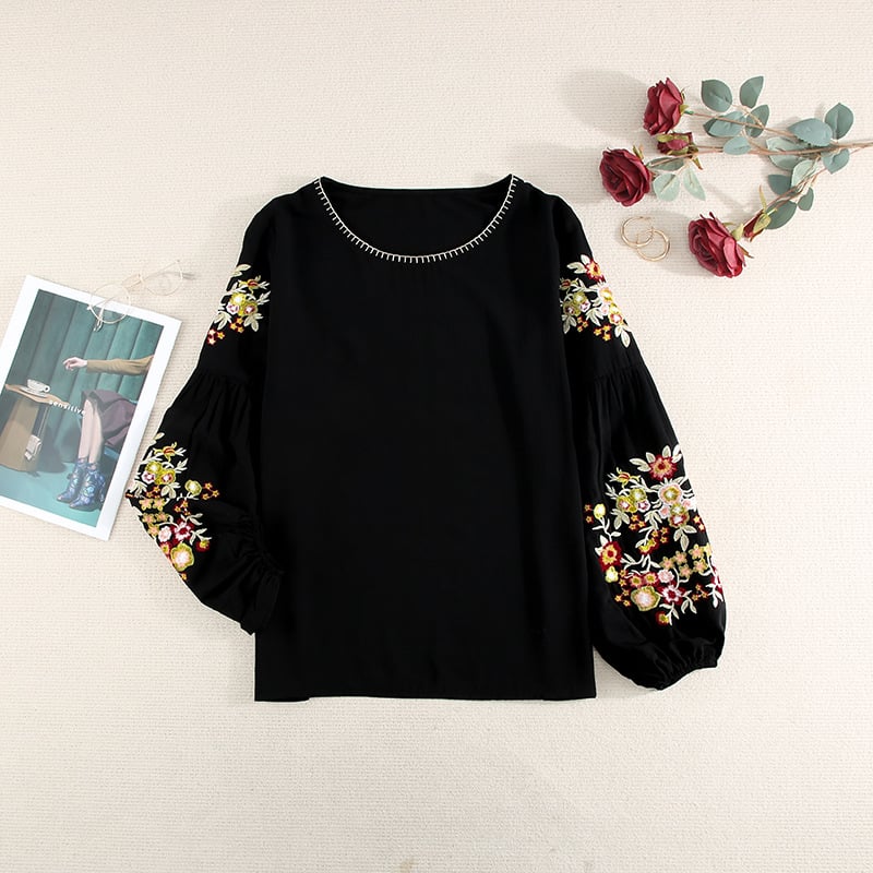 Embroidered Casual Lantern Sleeve Top for Women - LARUNVIK