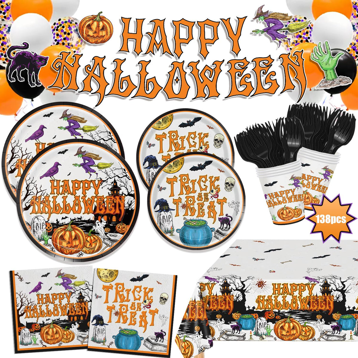 Vintage Halloween Paper Plates and Napkins Halloween Party Supplies 138pcs Halloween Tableware Set Includes Halloween Party Plates Cups Napkins Banner Tablecloth for Kids Serve 24 - LARUNVIK