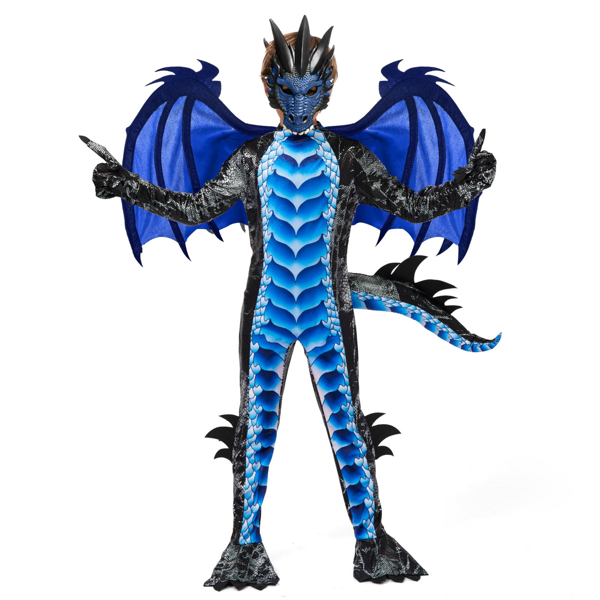 Spooktacular Creations Halloween Kids Boys Black and Blue Dragon costume Dragon Wings and Mask for Halloween Parties Cosplay-S(5-7yr) - LARUNVIK