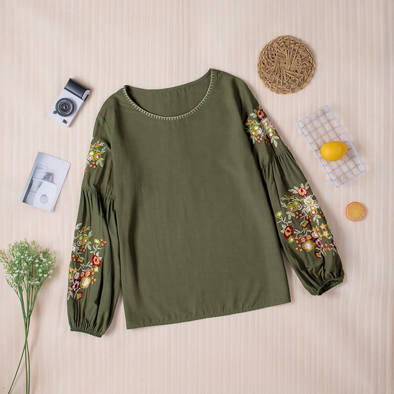 Embroidered Casual Lantern Sleeve Top for Women - LARUNVIK