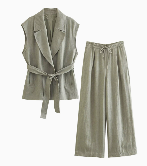 Chic Linen Leisure Set with Belt