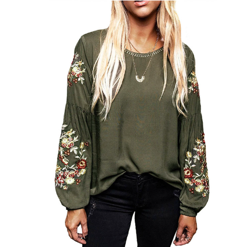 Embroidered Casual Lantern Sleeve Top for Women - LARUNVIK