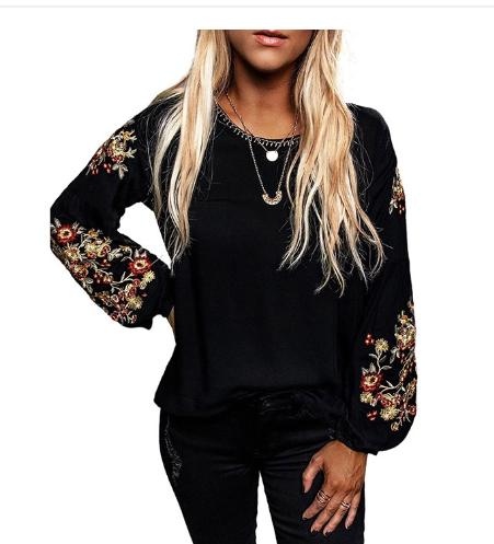 Embroidered Casual Lantern Sleeve Top for Women - LARUNVIK
