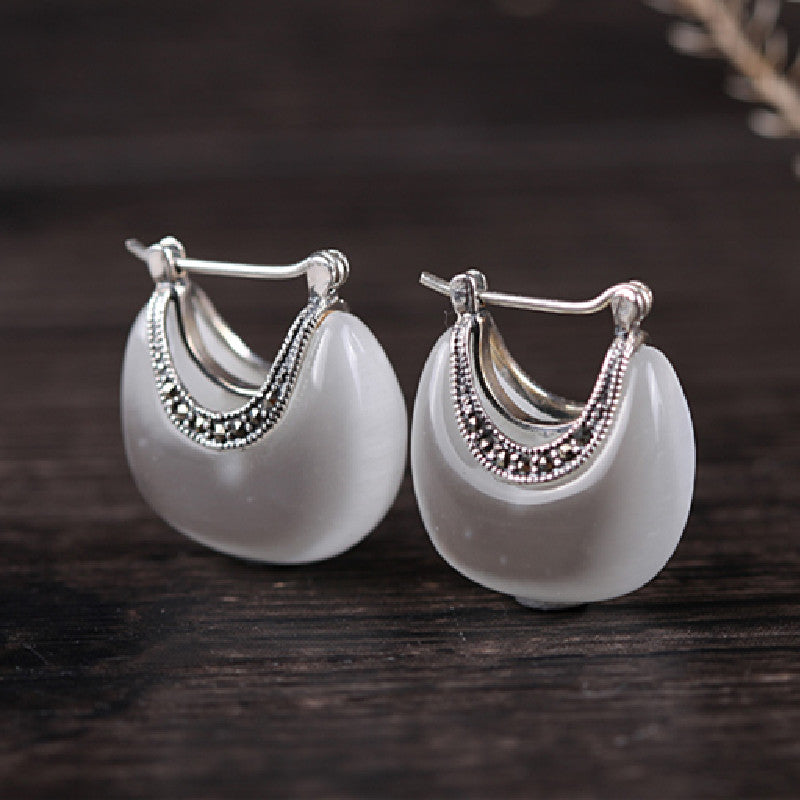 Vintage Silver Cat's Eye Charm Earrings