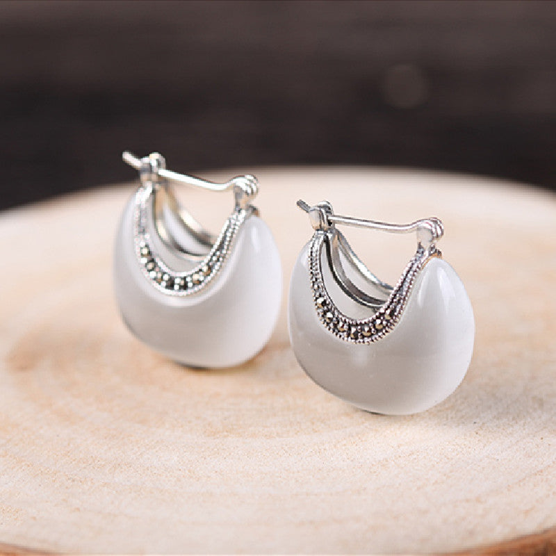 Vintage Silver Cat's Eye Charm Earrings
