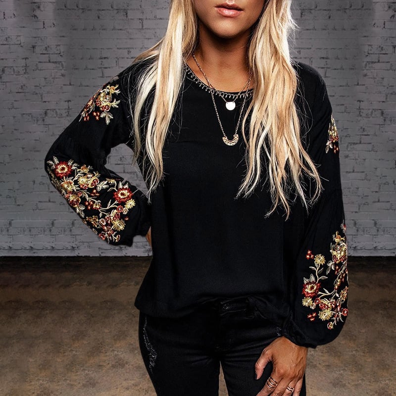 Embroidered Casual Lantern Sleeve Top for Women - LARUNVIK