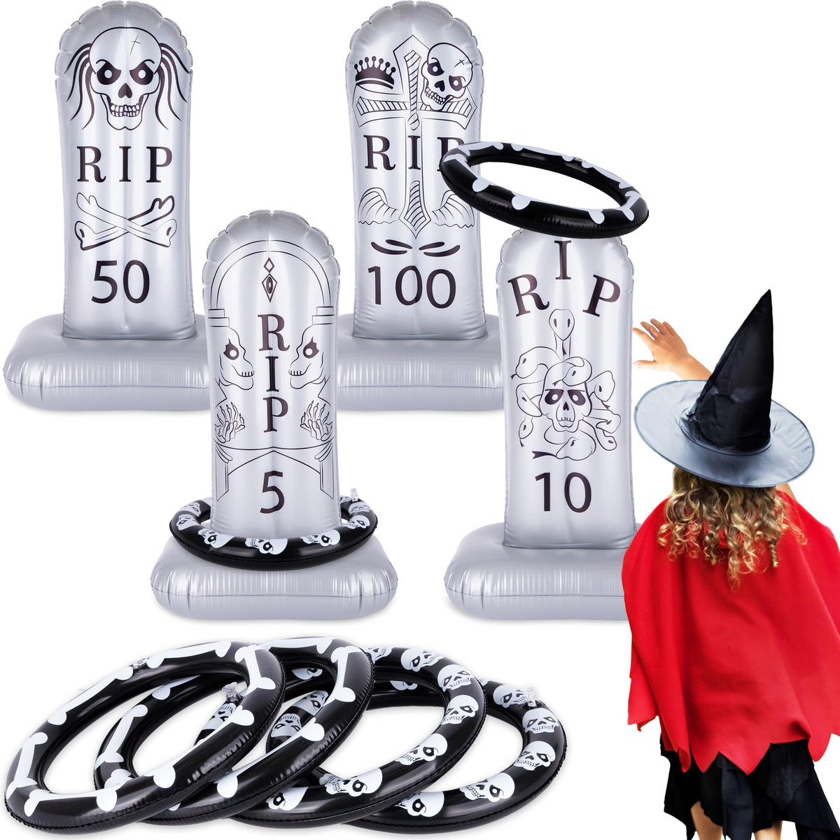 ArtCreativity Tombstone Halloween Ring Toss - Set of 4 - Gravestone Ring Toss Halloween Game for Kids with Weighted Bottoms - Doubles as Inflatable Halloween Decor - Halloween Toss Games - LARUNVIK