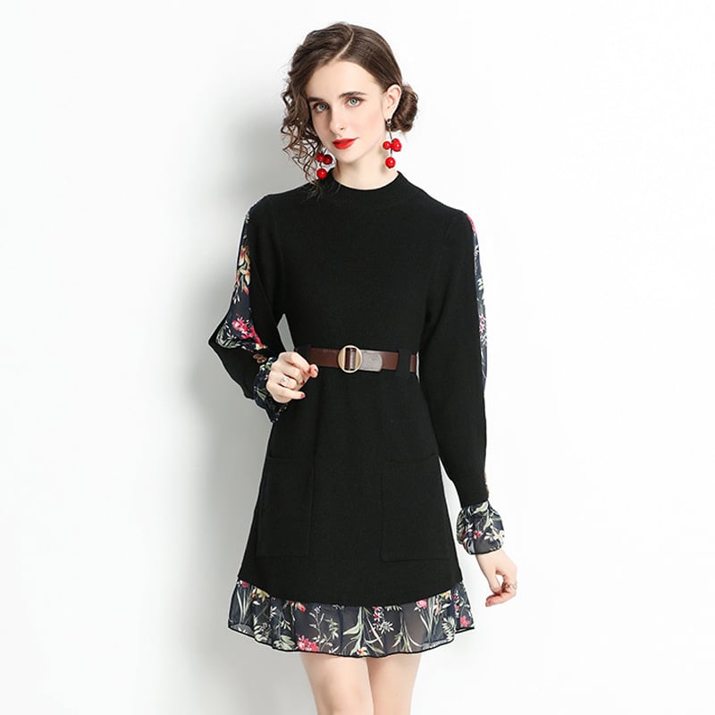 Patchwork Knitted Two-Piece Style Waist Dress - LARUNVIK