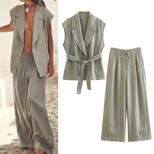 Chic Linen Leisure Set with Belt