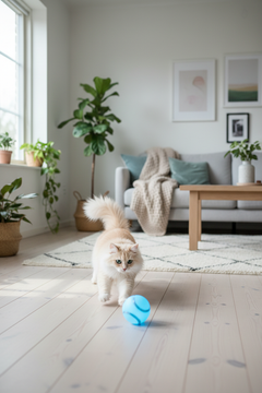 Fluffy cat chasing a self-rolling ball toy across a bright Scandinavian living room