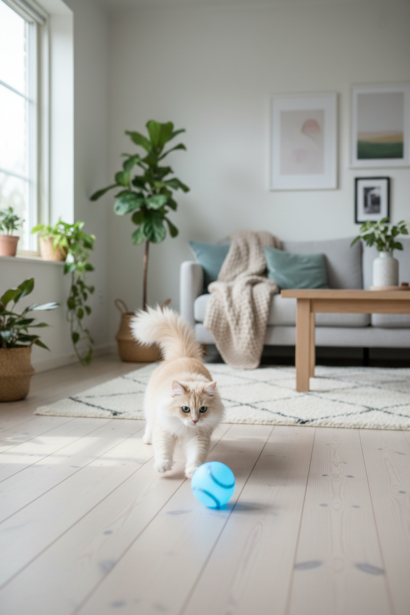 Fluffy cat chasing a self-rolling ball toy across a bright Scandinavian living room