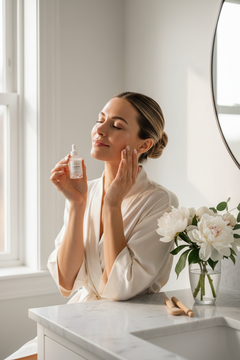 Woman applying anti-wrinkle facial serum in a bright marble bathroom, morning skincare ritual